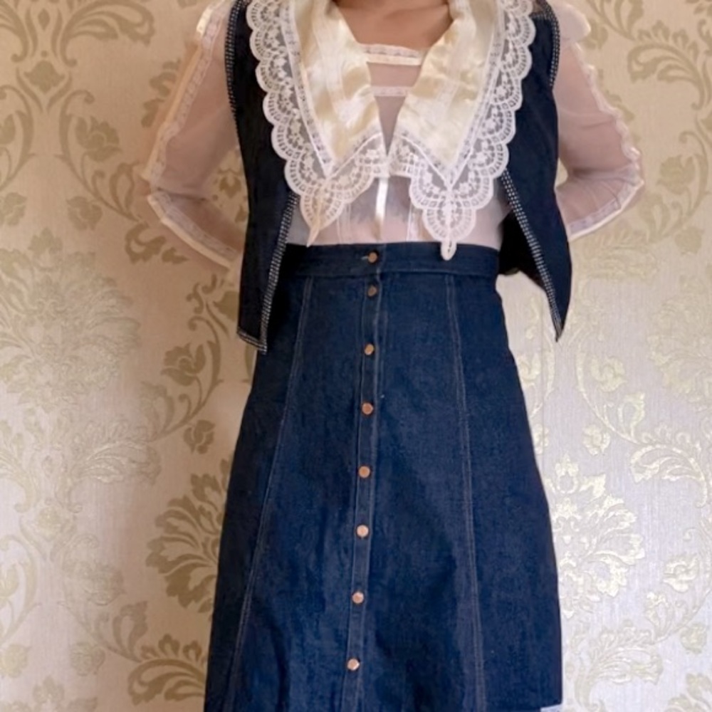 Gunne Sax pullover sheer blouse with lace bib